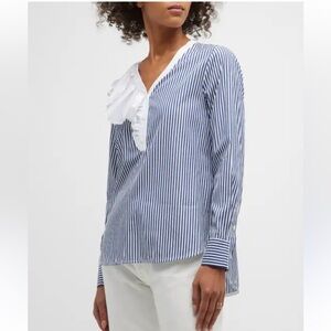 Harshman Vivienne Ruffle Tunic Navy Stripe Cotton Top NWT Small Popover Coastal